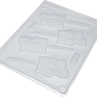 Molde plástico transparente para pirulitos em forma de boneco de neve.