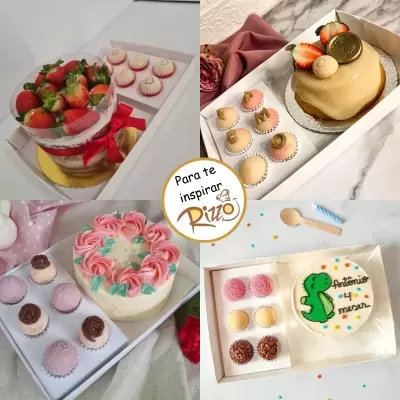 Quatro conjuntos de bolos e brigadeiros decorados, em caixas brancas.