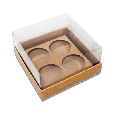 Caixa para 4 cupcakes com base de cartão castanho e tampa transparente