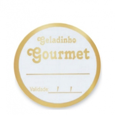 Etiqueta redonda branca com borda dourada e texto dourado Geladinho Gourmet