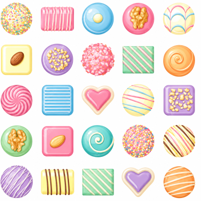 bombons e trufas coloridas em várias formas e coberturas