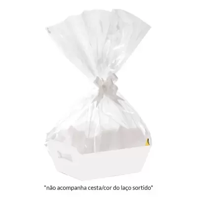 Embalagem transparente com caixa branca e laço branco, texto sobre não acompanhamento de cesta e cor do laço.