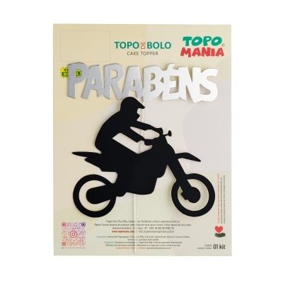 Topo de bolo preto com motociclista e texto 'PARABÉNS' em prateado