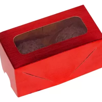 Caixa retangular vermelha em cartão com janela transparente no topo