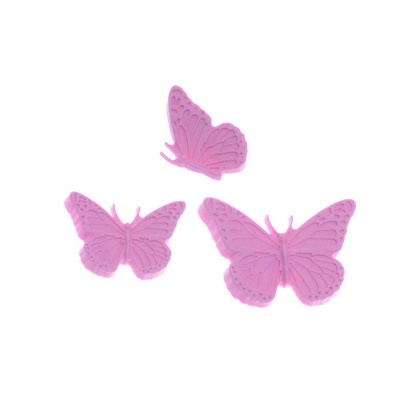 Três borboletas decorativas rosa em fundo branco