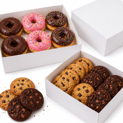 Caixas de donuts e cookies em fundo branco