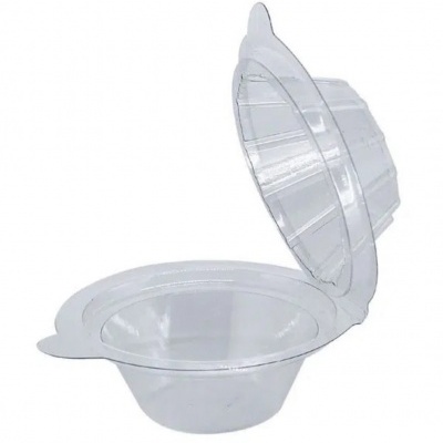 Embalo plástico transparente circular com tampa articulada aberto