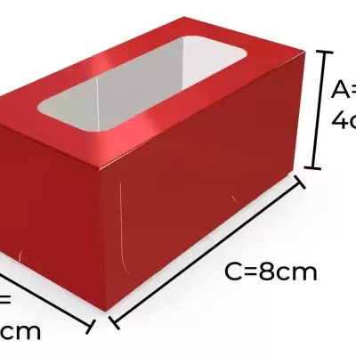 Caixa retangular vermelha com tampa transparente e dimensões indicadas