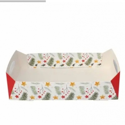 Caixa de cartão decorativa com padrão natalício e laterais vermelhas.