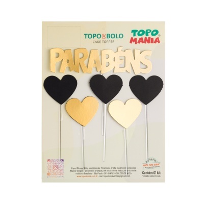 Conjunto de topo de bolo com palavra 'PARABÉNS' dourada e corações de papel em preto, dourado e bege