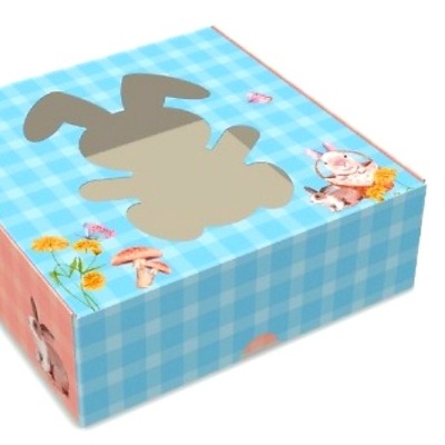 Caixa de papelosa azul e vermelha com recorte de coelho e ilustrações de coelhos e flores