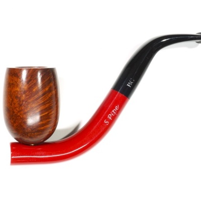 Cachimbo de madeira com taça castanha, tubo vermelho curvado com texto e boquilha preta