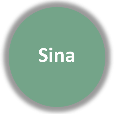 Círculo verde-acinzentado com a palavra Sina em branco ao centro