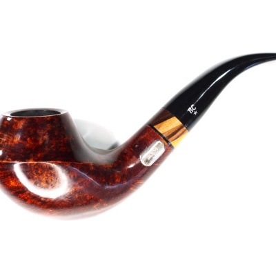 Cachimbo artesanal em madeira castanha com boquilha preta curva e gravação branca