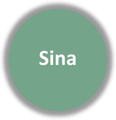 Círculo verde-acinzentado com a palavra Sina em branco ao centro