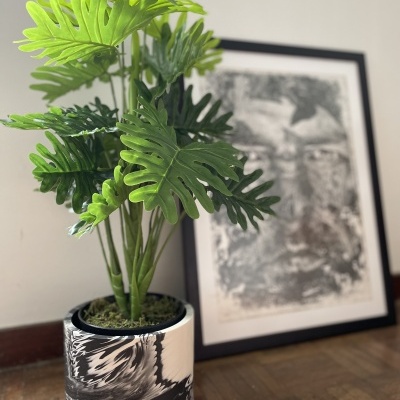 Planta artificial em vaso decorativo junto a moldura no chão