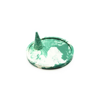 Base e cone para queimar incenso verde e branco marmoreado