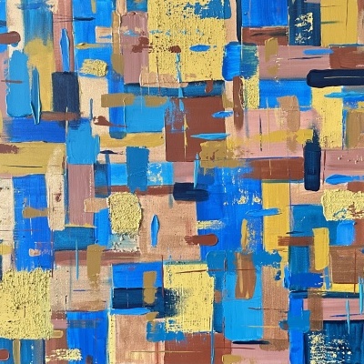 Pintura abstrata em tela com retângulos e linhas coloridos