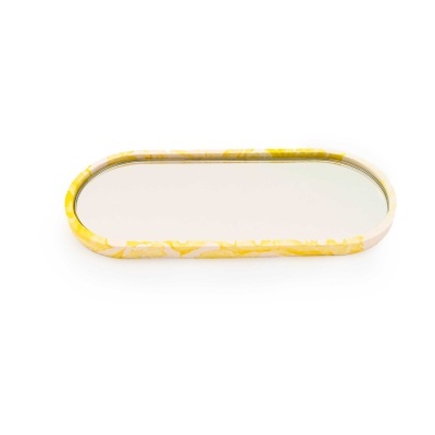 Espelho de mesa oval com moldura amarela e branca marmoreada