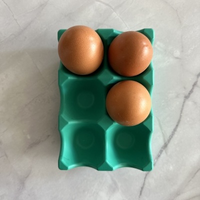 Ovos castanhos numa caixa de ovos verde