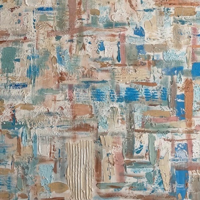 Pintura abstrata com texturas e padrões geométricos coloridos