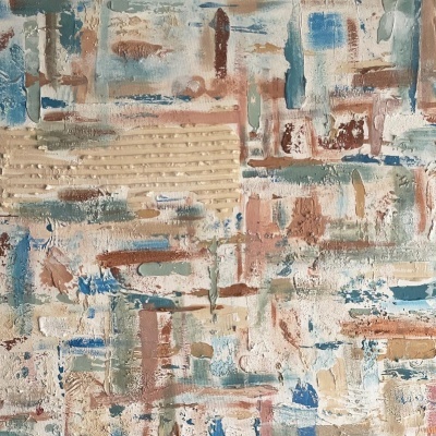 Pintura decorativa abstrata com texturas e várias cores incluindo azul, castanho, bege e branco