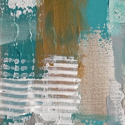 Pintura abstrata texturizada em azul, branco, bege, castanho e cinza.