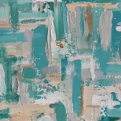 Pintura abstrata em tons de verde-água, branco, bege e cinza com textura espessa