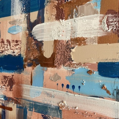 Pintura abstrata em tons de azul e castanho com texturas espessas