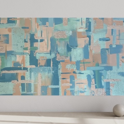 Pintura abstrata azul e bege com padrões geométricos na parede cinza clara e vasos cerâmicos