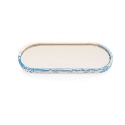 Bandeja oval pequena com borda azul e bege