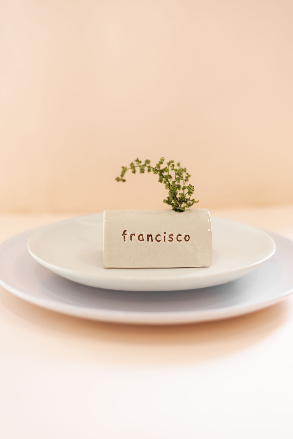 Vaso cerâmico branco com escrito francisco e planta verde sobre pratos brancos