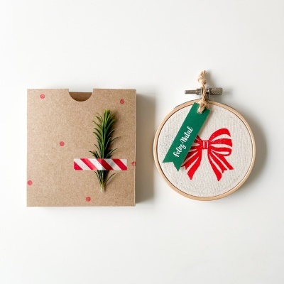 Quadro de bordado com fita vermelha e ramo de alecrim em embalagem kraft