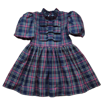 Vestido infantil xadrez com mangas bufantes e laços no peito