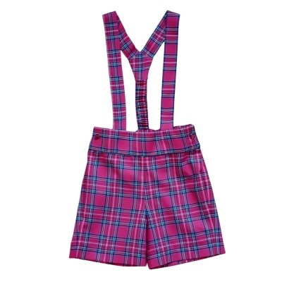 Calções com alças em padrão xadrez rosa e azul