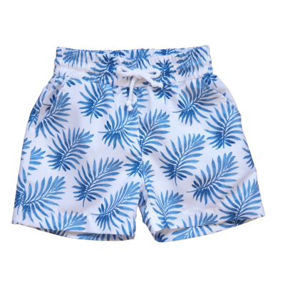Calções de banho brancos com padrão azul de folhas tropicais e cordão branco na cintura