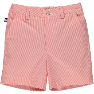 Calções rosa às riscas finas brancas com botão prateado.