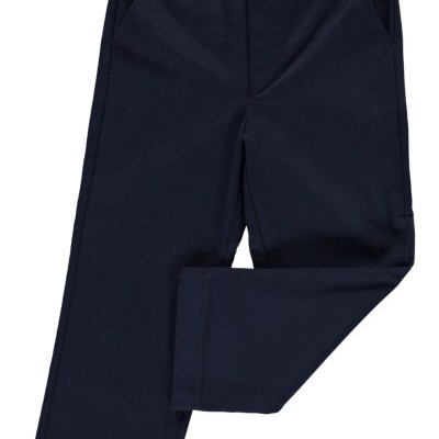 Calças infantis azuis escuras com elástico na cintura e botão prateado