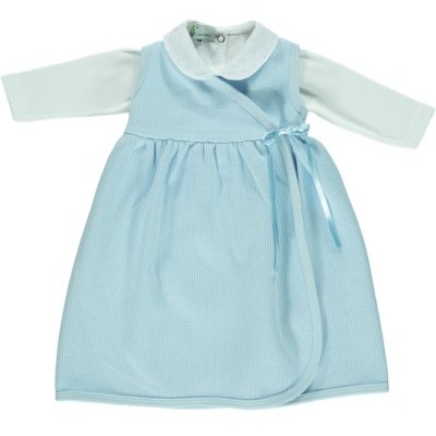 Vestido de bebé azul claro e branco, com manga comprida e gola com estrelas pequenas