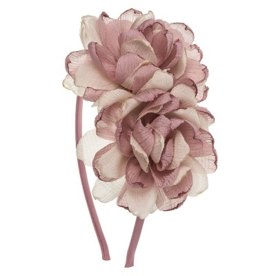 Arco de cabelo rosa com flores de tecido transparentes rosa