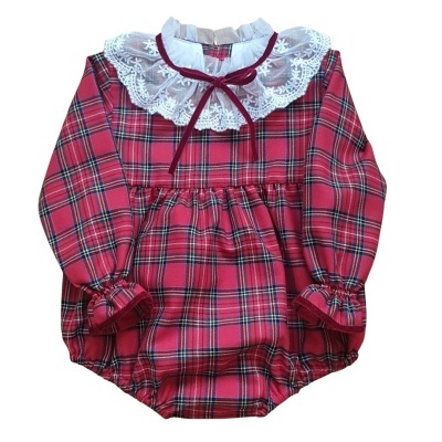 Body bebé xadrez vermelho com gola rendada e laço