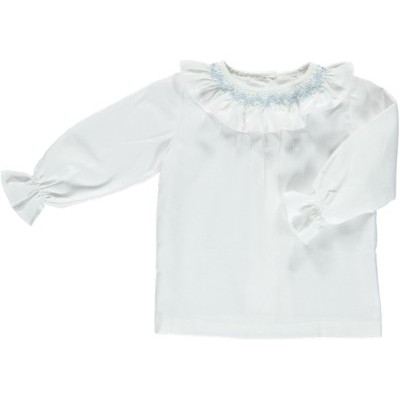 Blusa infantil branca com gola com folhos e bordado azul claro
