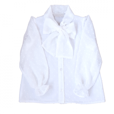 Blusa branca de criança com laço e bolinhas em relevo
