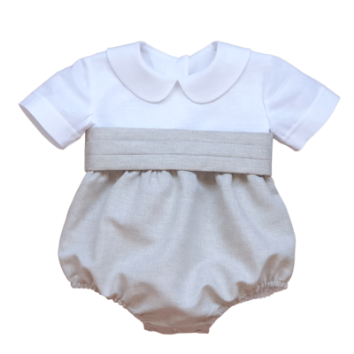 Body de bebé branco e cinzento com gola redonda e parte inferior elástica