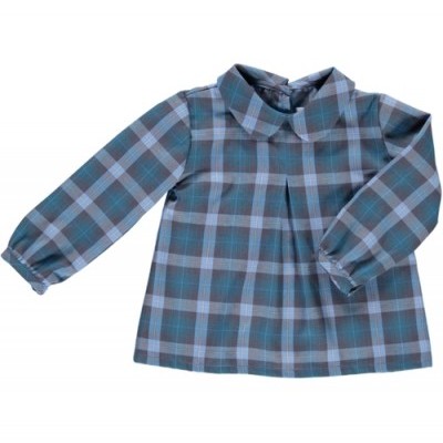 Blusa de criança xadrez cinza azul castanho com gola pequena e mangas compridas