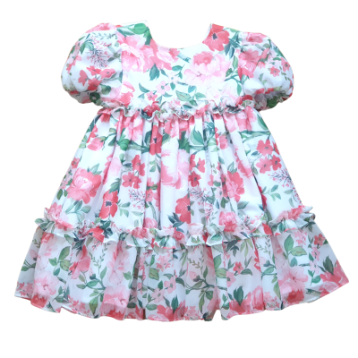 Vestido infantil floral rosa branco com mangas bufantes e babados