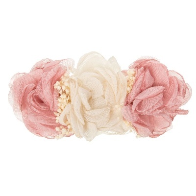 Presilha de cabelo com flores rosa claro e branco e pérolas