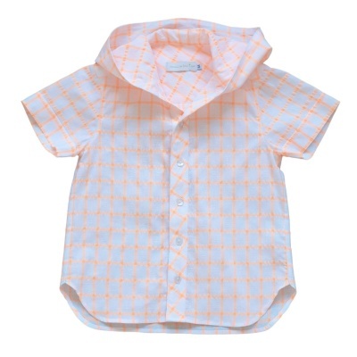 Camisa de bebé xadrez laranja e branco com botões e capuz