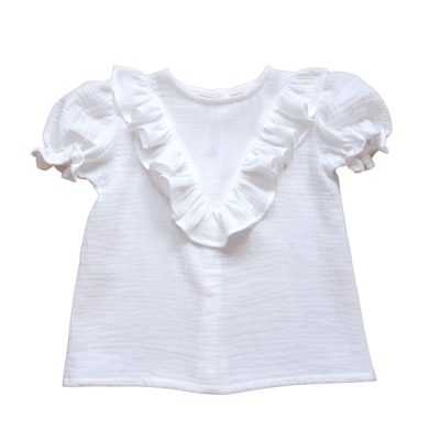 T-shirt branca de criança com folhos em V e mangas bufantes