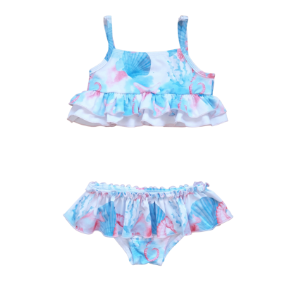 Fato de banho duas peças para criança com padrão de conchas azul e rosa